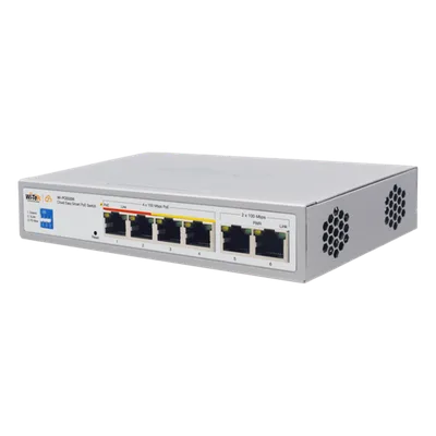 Switch PoE / 4 Puertos 10/100 Mbps PoE af/at / 2 Puertos Uplink 10/100 Mbps / Presupuesto 60 W / Alcance PoE 250 m (820.2 ft) / ONVIF
