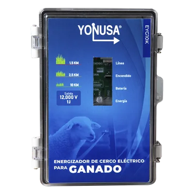 Energizador para Cercas Electrificadas / 10,000 V / 2 Joules / 25 km (82,020 ft) / Alimentación Solar 12 V / Batería Respaldo 3 Días