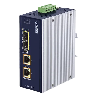 Convertidor de Medios Industrial / 2 SFP 100/1000X / 2 RJ45 10/100/1000T / PoE++ 802.3bt / 95W por puerto / -40 a 75 °C / IP30 / 12-56V CC