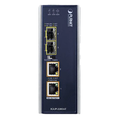 Convertidor de Medios Industrial / 2 SFP 100/1000X / 2 RJ45 10/100/1000T / PoE++ 802.3bt / 95W por puerto / -40 a 75 °C / IP30 / 12-56V CC