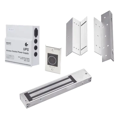 Kit de Control de Acceso / Fuente 12 VCD 5A con Respaldo / Chapa Magnética 600 lbs / Botón Sin Contacto / Montajes L y Z