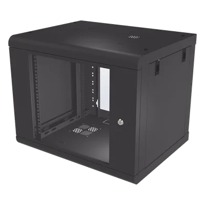 Gabinete de Pared de 9U con Puerta de Cristal Templado, 479.5 mm de Profundidad, Rack de 19'', Acero Reforzado Color Negro.