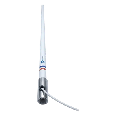 Antena Marina VHF / Fibra de Vidrio / 156-163 MHz / 6 dBi / 2.4 m (7.9 ft) / Cable 10 m (32.8 ft) / Base Acero Inoxidable