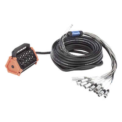 Stagebox Multipin / 12 Hembras + 4 Machos XLR / Cable 30 m (98.4 ft) / Contactos Plata / 20 A 250 V CA / Carcasa Cromada Perlada