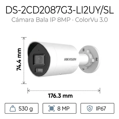 Bala IP / 8 Megapixel / Lente 2.8 mm / 40 m IR + Luz Blanca / 131 ft / Audio 2 Vías / IP67 NEMA 4X / WDR 130 dB / ColorVu 3.0 / AcuSense 3.0