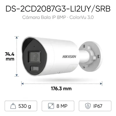 Cámara Bala IP / 8 Megapixel / Dual Light 40 m (131.2 ft) / ColorVu 3.0 / WDR 130 dB / IP67 / Estrobo Azul y Rojo / AcuSense 3.0