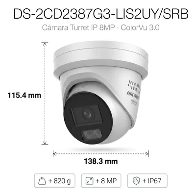 Turret IP / 8 MP / Lente 2.8 mm / 30 m IR + 98 ft Luz Blanca / Audio 2 Vías / IP67 NEMA 4X / WDR 130 dB / AcuSense 3.0