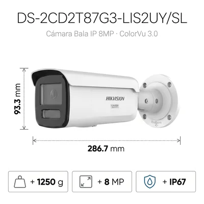 Bala IP / 8 Megapixel / Lente 4 mm / 60 mts IR + Luz Blanca / IP67 NEMA 4X / WDR 130 dB / ACUSENSE 3.0 / ACUSEEK / Audio 2 Vías / 196.85 pies Iluminación