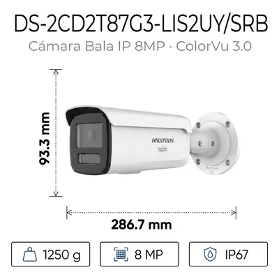 Bala IP 8 Megapixel / Lente 4 mm / 60 mts IR + Luz Blanca / Exterior IP67 / Estrobo Azul y Rojo / WDR 130 dB / ACUSENSE 3.0 / Metal / NEMA 4X / ACUSEEK