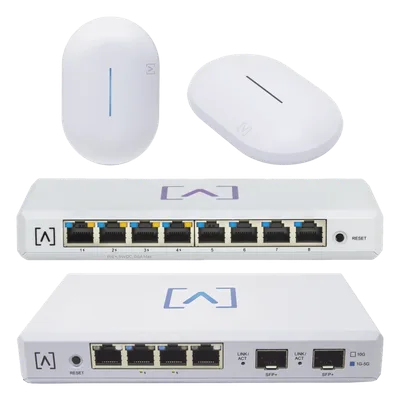 Kit de Red Profesional / Router Gigabit / Switch PoE 8 Puertos / 2 Puntos de Acceso Wi-Fi 6 / Administración en la Nube / Filtrado de Contenido