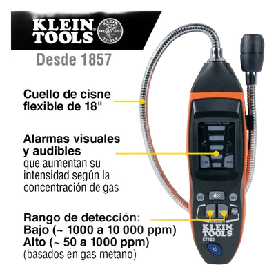 Detector de Fugas de Gas Combustible / 50-10,000 ppm / Sensor Electroquímico / Cuello Flexible 18'' (1.5 ft) / Alarma 85 dB
