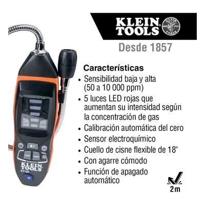 Detector de Fugas de Gas Combustible / 50-10,000 ppm / Sensor Electroquímico / Cuello Flexible 18'' (1.5 ft) / Alarma 85 dB