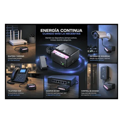 Mini UPS DC / Potencia 25 W / Salida 12 VCD / Entrada Universal 90-264 VCA / Batería Litio 2600 mAh / NEMA 5-15P