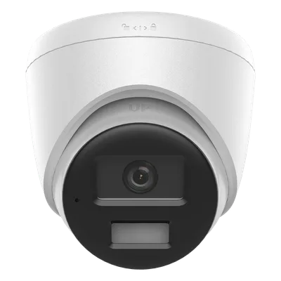 Cámara Turret IP / 2 Megapixel / Dual Light IR 20 m (65.6 ft) + Luz Blanca 15 m (49.2 ft) / Lente 2.8 mm / Ángulo 101° / Audio Integrado / IP67 / PoE