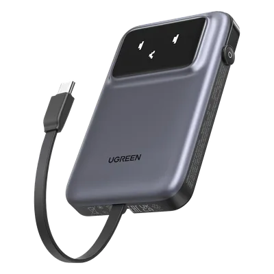 Power Bank Serie Uno |  10000mAh | 30W |  con Cable USB-C Incorporado | 2 Salidas 30W Max. | Pantalla Inteligente | Carcasa Ignifuga | Aprobado por Aerolíneas.| Color Grey.
