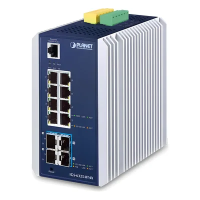 Switch Ethernet Gestionado Capa 3 Industrial DIN-rail / 8 Puertos RJ45 Gigabit / 4 Puertos SFP+ 10G / Temp. -40 a 75°C / Protección ESD 6kV DC / Recuperación ERPS