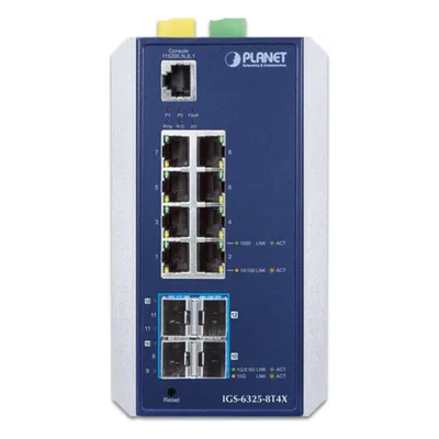 Switch Ethernet Gestionado Capa 3 Industrial DIN-rail / 8 Puertos RJ45 Gigabit / 4 Puertos SFP+ 10G / Temp. -40 a 75°C / Protección ESD 6kV DC / Recuperación ERPS