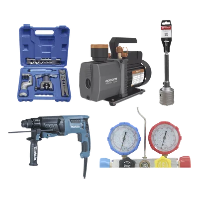 Kit profesional / Bomba de vacío 2 etapas / Manómetro / Kit abocardado / Rotomartillo / Broca / 5.5 CFM / 1/2 HP / 330x120x230 mm / 10.8x3.9x7.5 ft