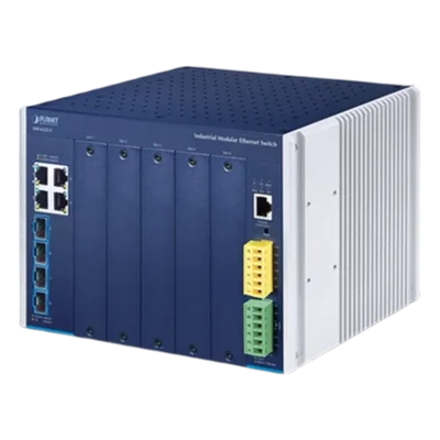 Switch Modular Industrial Capa 3 / 5 Slots / 4 Puertos Gigabit RJ45 / 4 Puertos SFP+ 10G / Rango -40~75°C / Entrada 12-48V / IPv6/IPv4