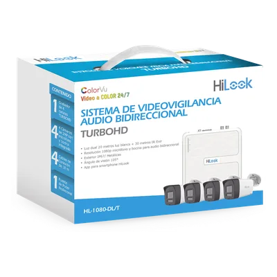Kit TurboHD / DVR 4 Canales / 4 Cámaras Bala 1080p Lite / Visión Nocturna 20 m (65.6 ft) / Audio Bidireccional / Dual Light / H.265+ / Fuente de Poder Profesional / Cables Siameses 18 m (59.1 ft)