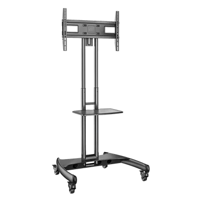 Soporte Móvil para Pantalla / 32" a 75" / Carga 45.5 kg (100 lbs) / VESA 200x200 a 600x400 mm / Altura Ajustable 1120-1520 mm (3.67 a 4.99 ft) / Base para Accesorios / 4 Ruedas 360°