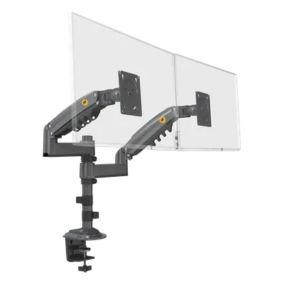 Brazo de Escritorio para 2 Monitores / 17 a 27 Pulgadas / Carga 9 kg por Monitor / VESA 75x75 y 100x100 / Rotación 360° / Amortiguador de Gas / Acero
