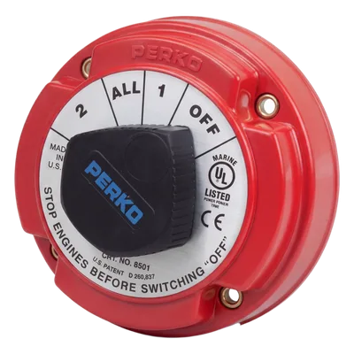 Switch Selector de Batería Marina / 250A Continuos / 360A Intermitentes / 6-32 VCC / 4 Posiciones 1-2-Both-Off / Desconexión de Alternador Integrada / Encendido Protegido