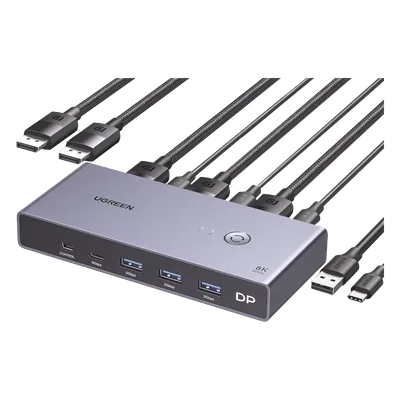 Conmutador KVM DisplayPort / 8K@60Hz / HDR / 2×1 DP 1.4 / 4 Puertos USB 3.0 / Carcasa Aluminio