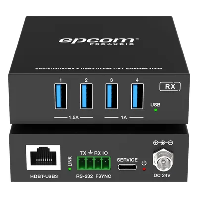 Extensor USB 3.0 / Hasta 100 m (328 ft) por CAT6a / PoC Bidireccional 24 Vcc / RS-232 / 4x USB-A / 5 Gbps