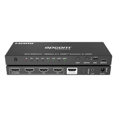 Switch HDMI 4x1 / 8K@60Hz 4:2:0 / 48 Gbps / ARC/eARC / Extracción de Audio Óptico y Analógico / Control CEC / Gestión EDID / USB-C Firmware
