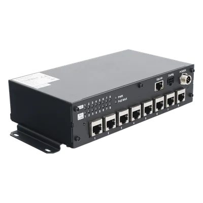Switch PoE Móvil / 8 Puertos PoE 100 Mbps / 1 Puerto Uplink 1 Gbps / 90 W Total / 9-36 V DC / -20°C a +60°C