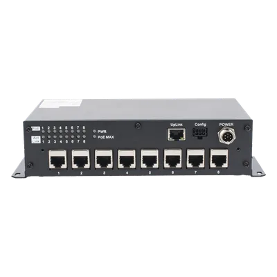 Switch PoE Móvil / 8 Puertos PoE 100 Mbps / 1 Puerto Uplink 1 Gbps / 90 W Total / 9-36 V DC / -20°C a +60°C