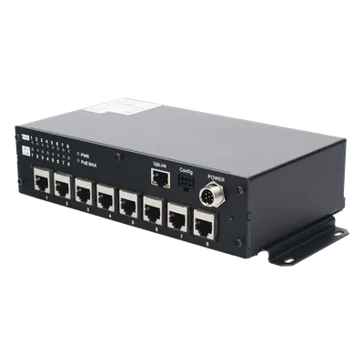 Switch PoE Móvil / 8 Puertos PoE 100 Mbps / 1 Puerto Uplink 1 Gbps / 90 W Total / 9-36 V DC / -20°C a +60°C