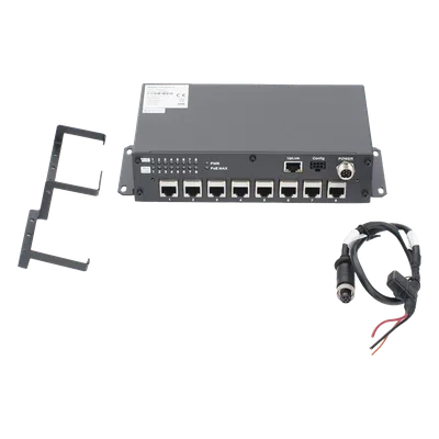 Switch PoE Móvil / 8 Puertos PoE 100 Mbps / 1 Puerto Uplink 1 Gbps / 90 W Total / 9-36 V DC / -20°C a +60°C