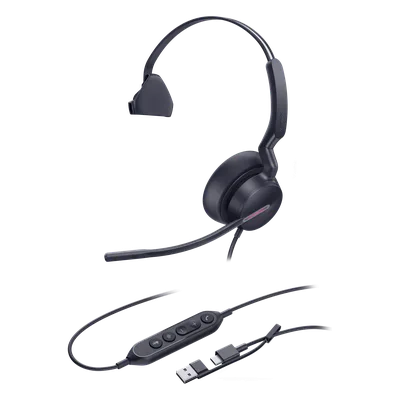 Auriculares USB Mono / Cancelación de Ruido IA / Altavoz 35 mm / USB-C/A Plug-and-Play / Compatible con Microsoft Teams