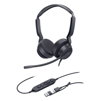 Auriculares Profesionales USB / Cancelación de Ruido con IA / Altavoz 35 mm / Certificado Microsoft Teams / USB-C con Adaptador USB-A / Diseño Ergonómico Binaural