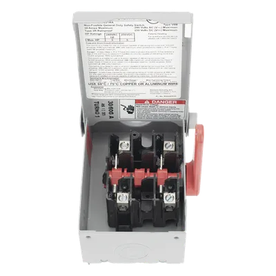 Interruptor de Seguridad / 240Vca / 2 Polos / 30A / NEMA 3R / Doble Ruptura Visible / Sin Portafusibles / 100kAIC