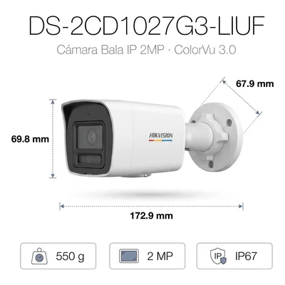 Cámara Bala IP / 2 Megapixel / ColorVu 3.0 / Dual Light 30 m (98.4 ft) / Lente 2.8 mm / 115° / WDR 120 dB / IP67 / PoE