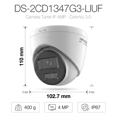 Cámara Turret IP / 4 Megapixel / Color 24/7 / Lente 2.8 mm / FOV 101.5° / IR 30 m (98.4 ft) + Luz Blanca 30 m (98.4 ft) / WDR 120 dB / IP67 / PoE