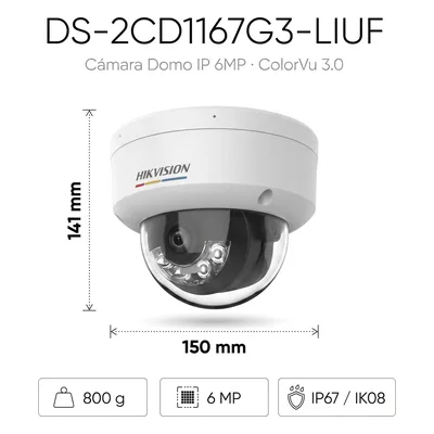 Cámara Domo IP / 6 Megapixel / Dual Light 30 m (98.4 ft) / ColorVu 3.0 / AcuSense Lite / IP67 IK08 / PoE