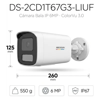 Cámara Bala IP / 6 Megapixel / Dual Light 50 m (164 ft) / ColorVu 3.0 / WDR 120 dB / IP67 / PoE