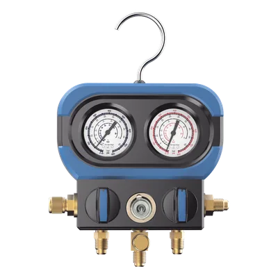Manifold de 2 Válvulas / Presión Máxima 500 psi / Vacío -30 inHg / Multigas R22, R32/R410A, R404A, R407C / Conexión 5/16" SAE / Resistente a Impactos