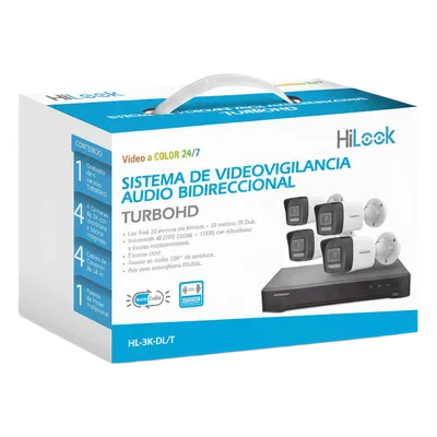 Kit TurboHD / 3K 5 Megapixel Lite / DVR 4 Canales / 4 Cámaras Bala Dual Light / Audio Bidireccional / IR 30 m (98.4 ft) / Cables 18 m (59.1 ft)