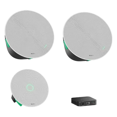 Kit de Audio para Videoconferencia / Micrófono de Techo con 16 Cápsulas / Altavoces de Techo / Switch PoE Integrado / Cobertura Extendida para Salas Medianas y Grandes