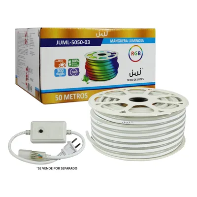 Manguera LED Neón RGB / 50 m (164 ft) / IP65 Interior-Exterior / Corte Cada 100 cm / 300W Máximo / Ángulo de Luz 120° / DC 45-110V
