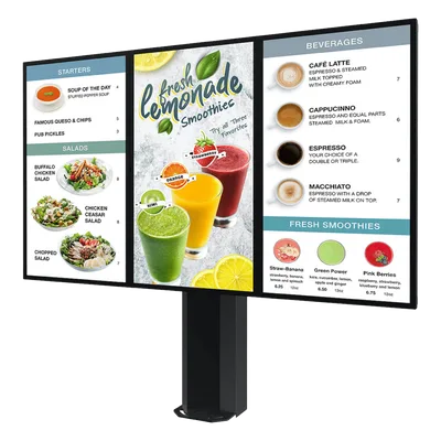 Kiosco digital exterior / 55" / IP65 / UL 48 / Base pedestal 8" / Rotación 30° / 3 pantallas / 1.83 m / Drive-thru