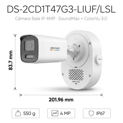 Cámara Bala IP / 4 Megapixel / ColorVu 3.0 / Dual Light 50 m (164 ft) / Audio Bidireccional SoundMax / AcuSense Lite / IP67