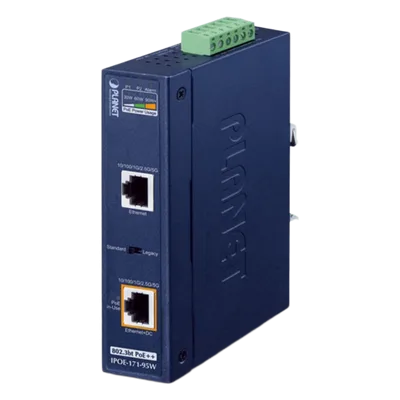Inyector PoE++ Industrial / 95W / 2 Puertos RJ45 / Multi-Gigabit 5Gbps / -40 a 75°C / IP30 / Riel DIN o Pared