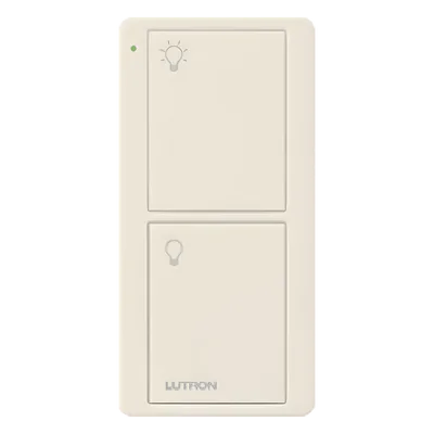 Control Inalámbrico RF / 2 Botones On/Off / Alcance 9 m (30 ft) / Integración con Atenuadores y Hubs / Montaje en Pared o Portátil / Acabado Gloss Light Almond