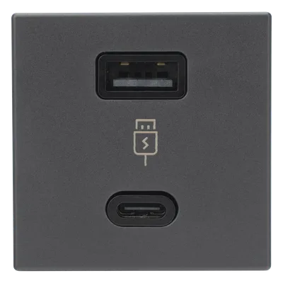 Módulo de Carga USB Doble / 30W PD+QuickCharge / USB-A + USB-C / 45x45 mm / Grafito
